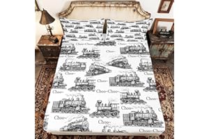 CASTLE FAIRY Vintage Fitted Sheet Twin Size, Steam Locomotive Bedding Set 2Pcs for Kids Boys Girls Teens Bedroom Decor, Old Train Tracks Quilt Set Sketch Black White Deep Pocket Sheet, 1 Pillowcase