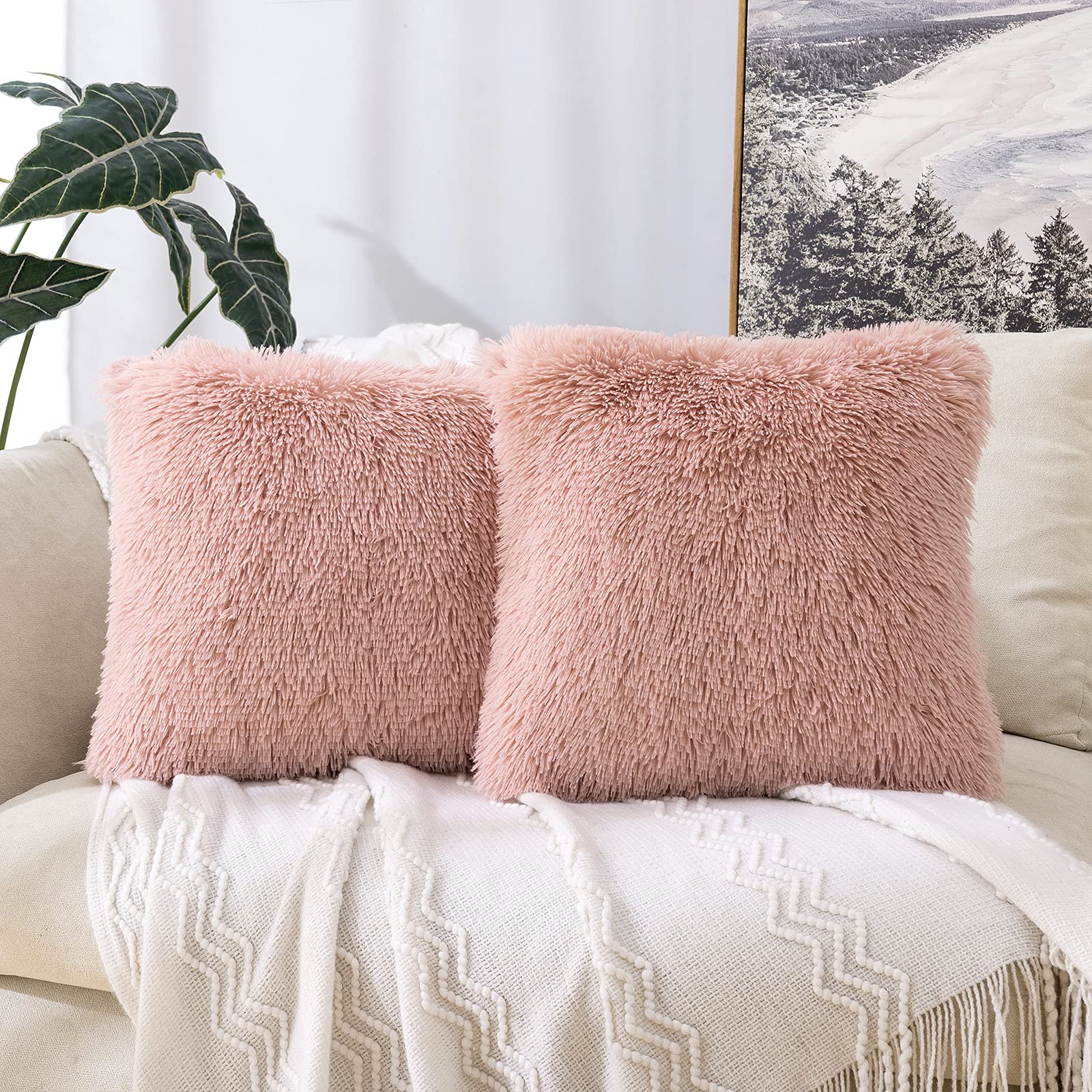 MIULEE Faux Fur Christmas Cushion Covers Fluffy Throw Pillow Case Soft Decorative Square Cute Pillow Plush Case For Livingroom Sofa Bedroom 20 x 20 Inch 50 x 50cm Leather Powder Pack of 2
