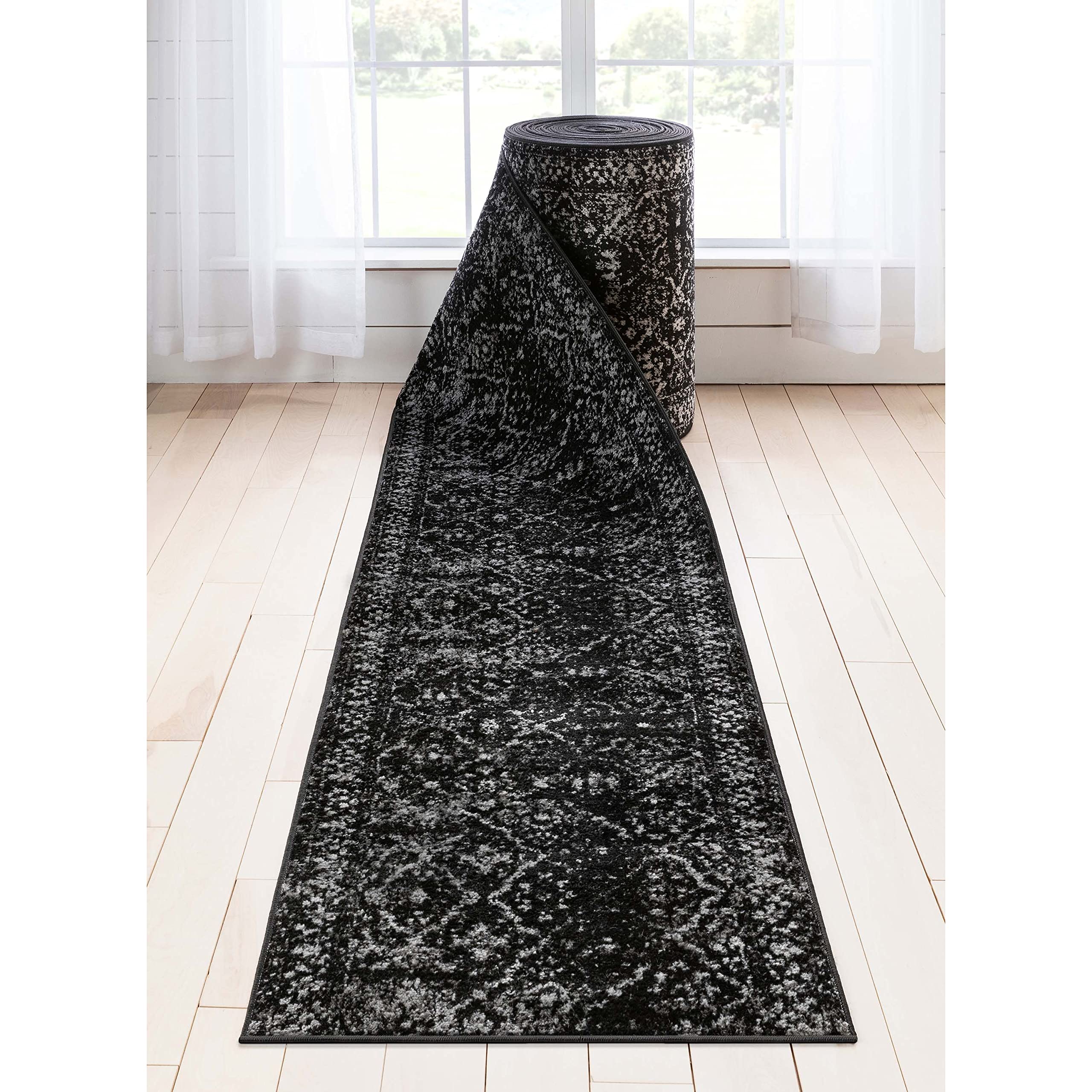 Well Woven Custom Size Runner – Choose Your Length – Argos Black Vintage Panel 27 Inches Wide x 10 Feet Long Runner Rug (27 in. x 10 ft.)