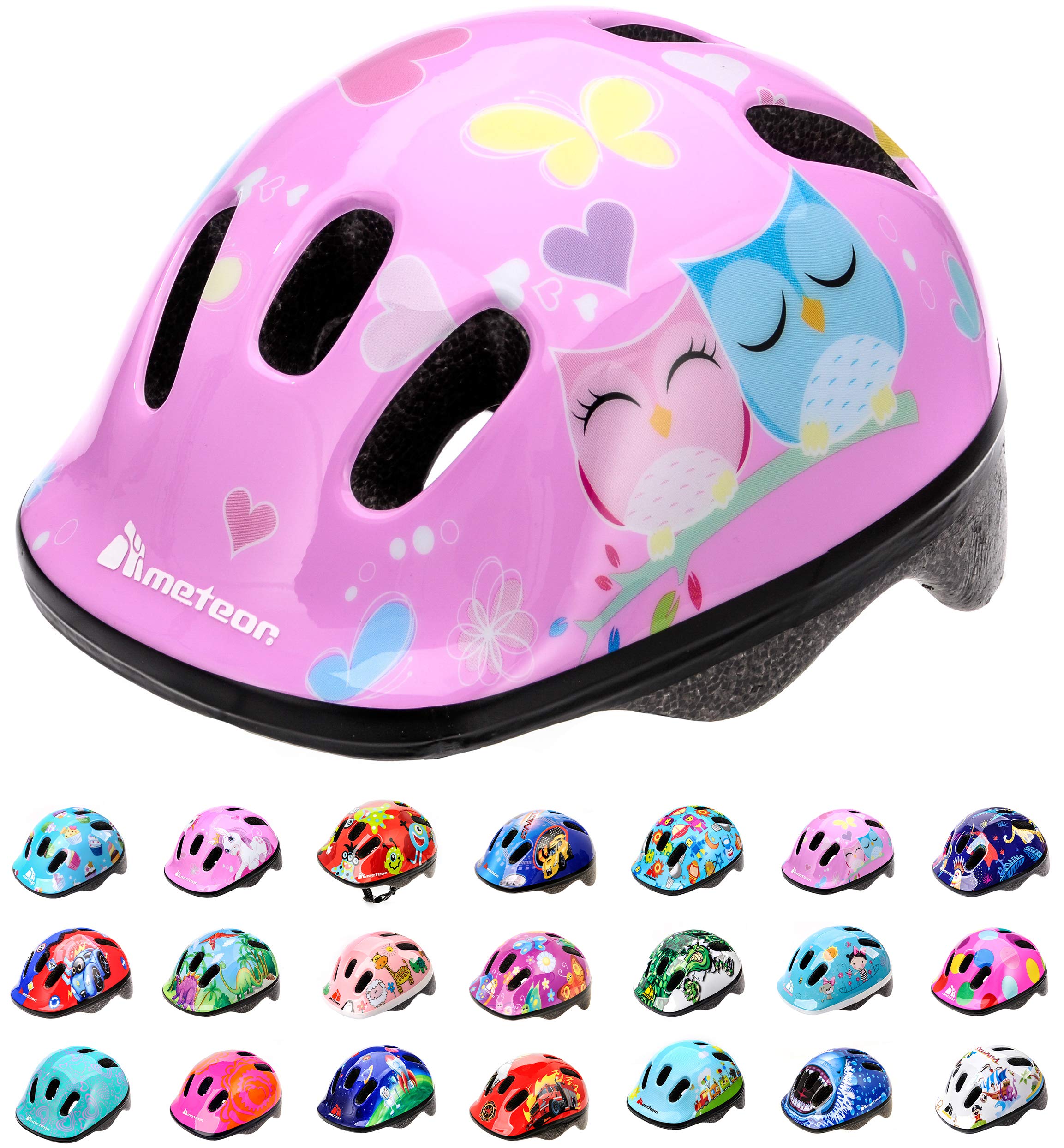 Meteor Kids Bike Helmet Owl S 48-52 cm, Toddler & Child Cycling Helmet, Lightweight Adjustable Scooter & Skate Helmet with Airflow Vents, Washable Padding, Safety Head Protection
