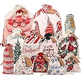 POPGIFTU 12 Pack Christmas Canvas Drawstring Gift Bags — Reusable Fabric Santa Sacks in Mixed Sizes with Kraft Tags for Holiday Present Packaging, Xmas Decorations & Party Favors