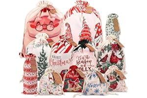 POPGIFTU 12 Pack Christmas Canvas Drawstring Gift Bags — Reusable Fabric Santa Sacks in Mixed Sizes with Kraft Tags for Holiday Present Packaging, Xmas Decorations & Party Favors