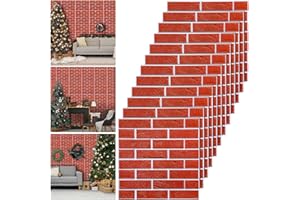 Drydiet 12 Pcs Faux Brick and Stone Wall Panel 141.6" x 141.6" Christmas Red Fome Peel and Stick Wallpaper 3D Brick Waterproof Removable Adhesive Wallpaper for Winter, Halloween, Christmas Parties