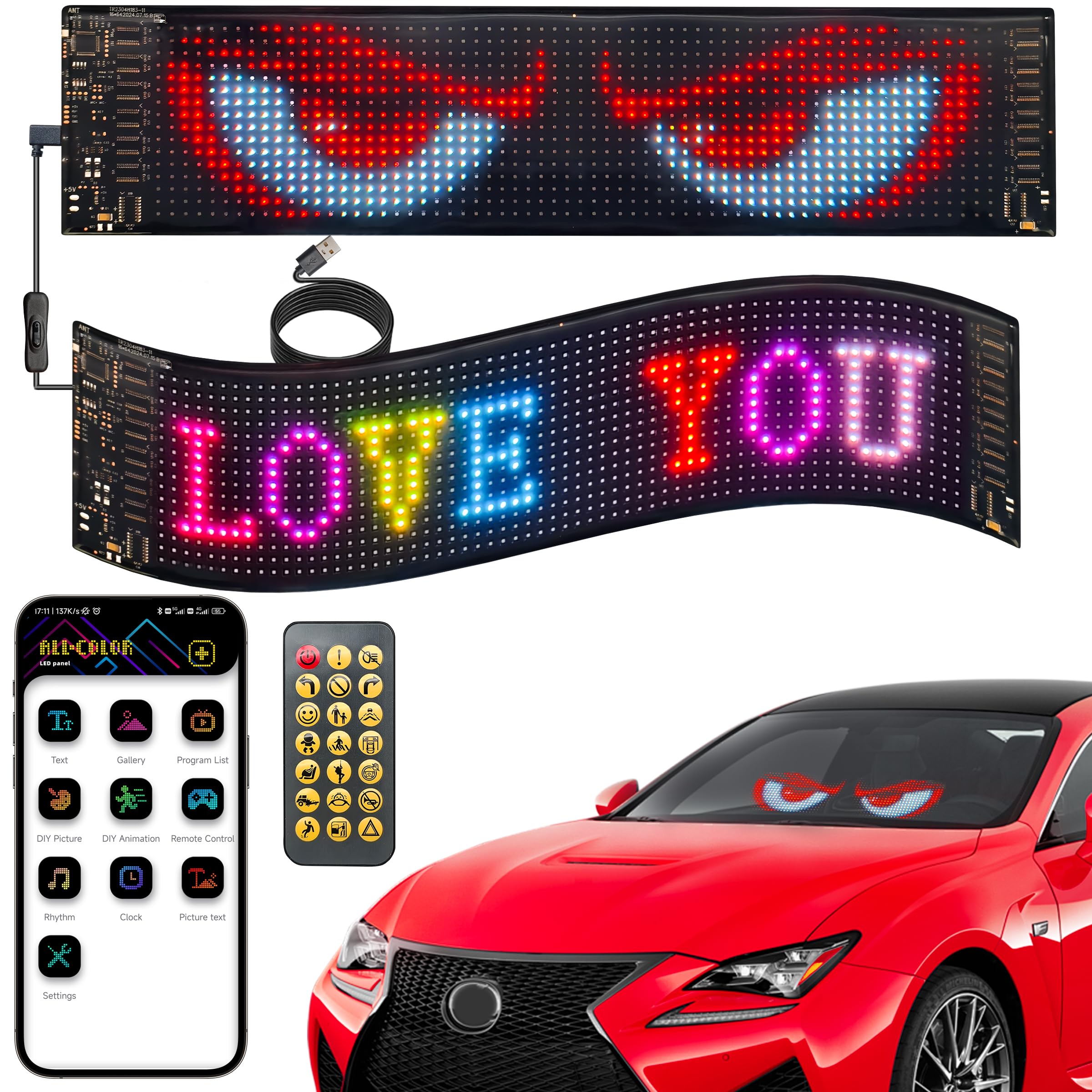 Photo 1 of Qeeanmo Devil Eyes Light for Cars, 15"x4" Programmable Flex LED Sign, Led Eyes for Car Windshield with APP Control and Remote Controller