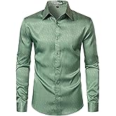 ZEROYAA Mens Shiny Satin Dress Shirts Long Sleeve Button Up Shirts for Party Prom