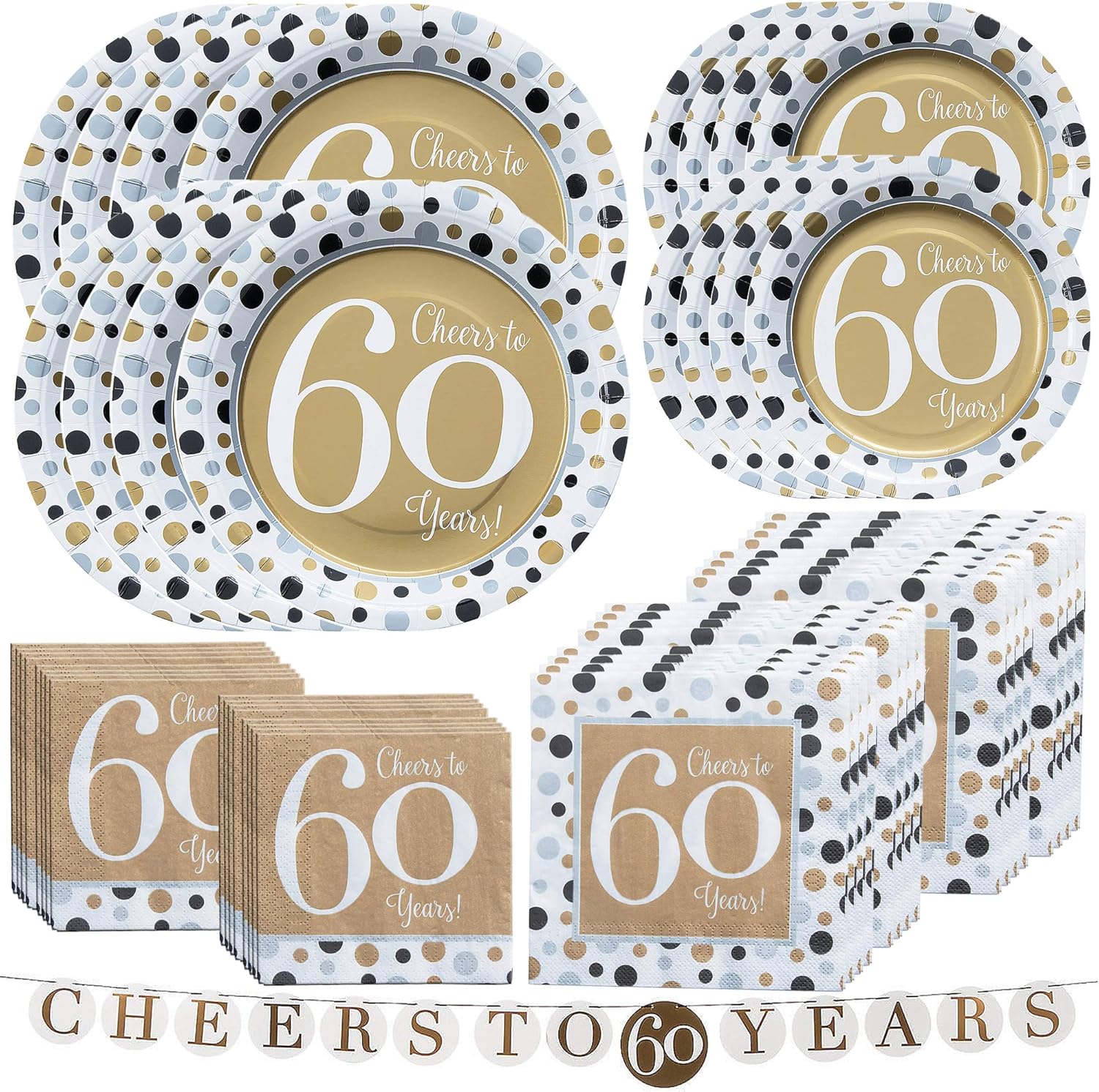 Fun Express Cheers to 60 Years Bundle | Luncheon & Beverage Napkins, Dinner & Dessert Plates, Garland | Party Decor, 60th Birthday Party or Anniversary