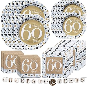 Fun Express Cheers to 60 Years Bundle | Luncheon & Beverage Napkins, Dinner & Dessert Plates, Garland | Party Decor, 60th Birthday Party or Anniversary