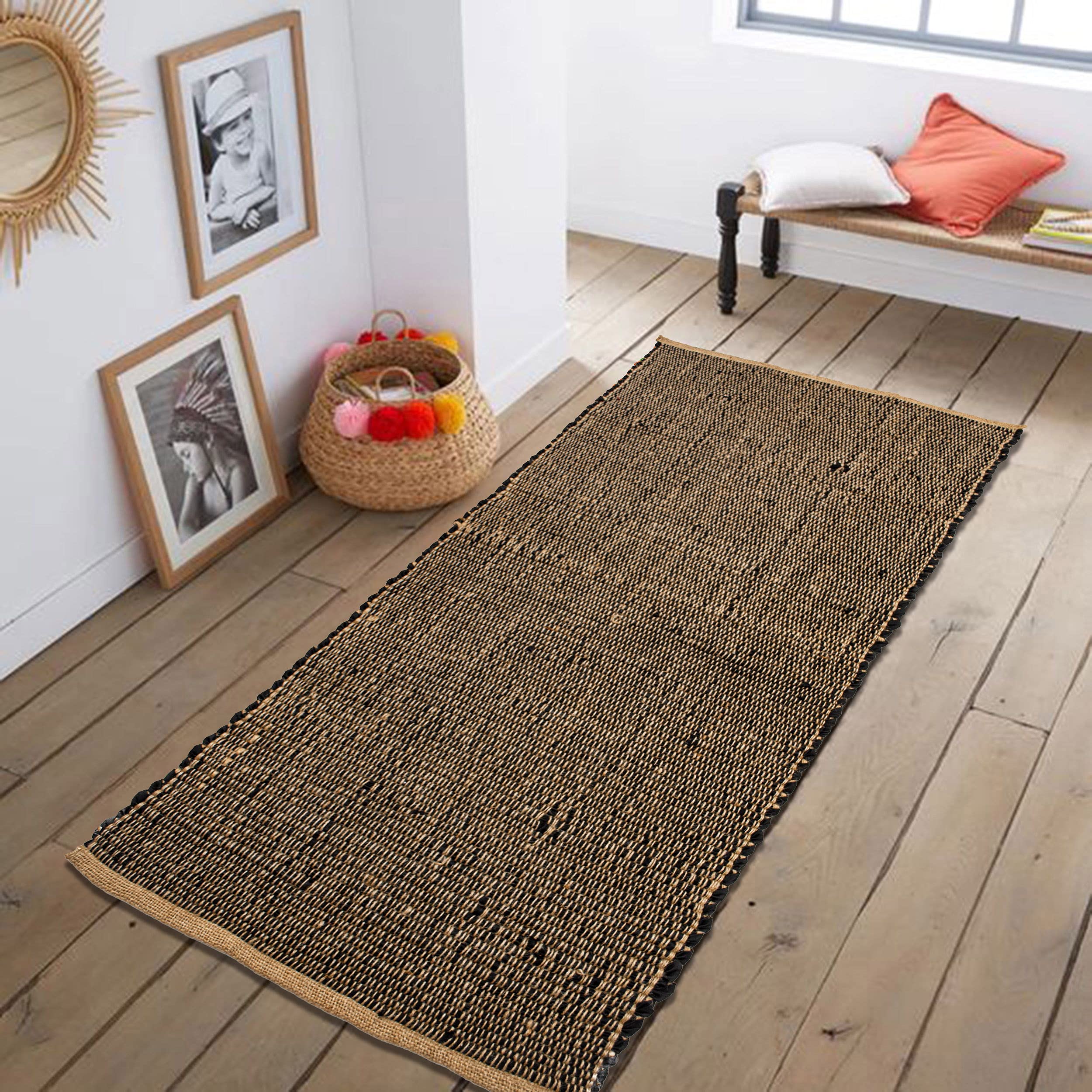 Photo 1 of Chardin home Jute and Black Cotton Runner Rug – 2x5 Ft Handwoven Reversible Rug – Boho Farmhouse Hallway or Entryway Accent – Rustic Country Decor in Black and Natural Jute