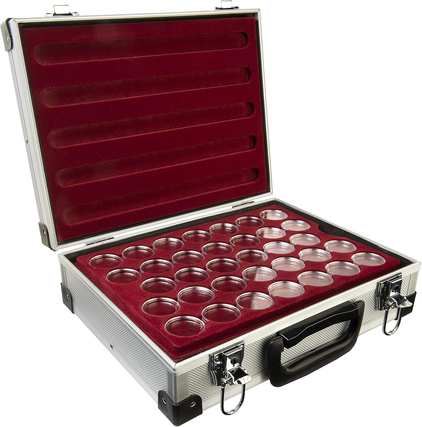 MC.Sammler Aluminium Coin Case with 5 Coin Trays for 170 Pieces 10 20 25 Euro Coins in Capsules, silver