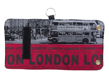 Geldbörse Geldbeutel Canvas Motiv LONDON Portemonnaie Klettverschluss ? (BE793A-Foto London Bus/grau-rot)