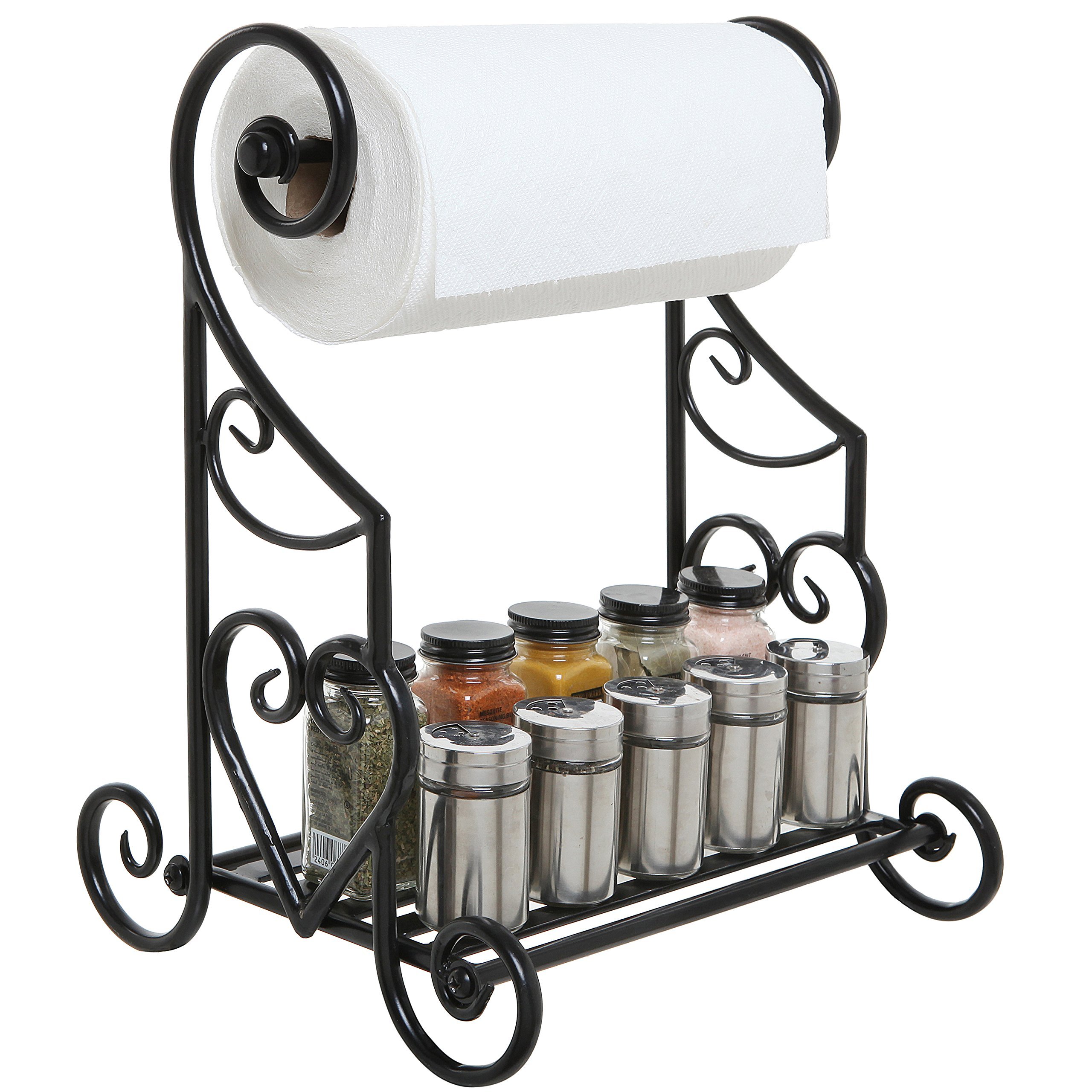 Photo 1 of MyGift Decorative Paper Towel Holder Heart Scroll Metal Paper Towel Holder Stand with Slatted Condiment Shelf Rack, Black Gothic Kitchen Decor Accessories