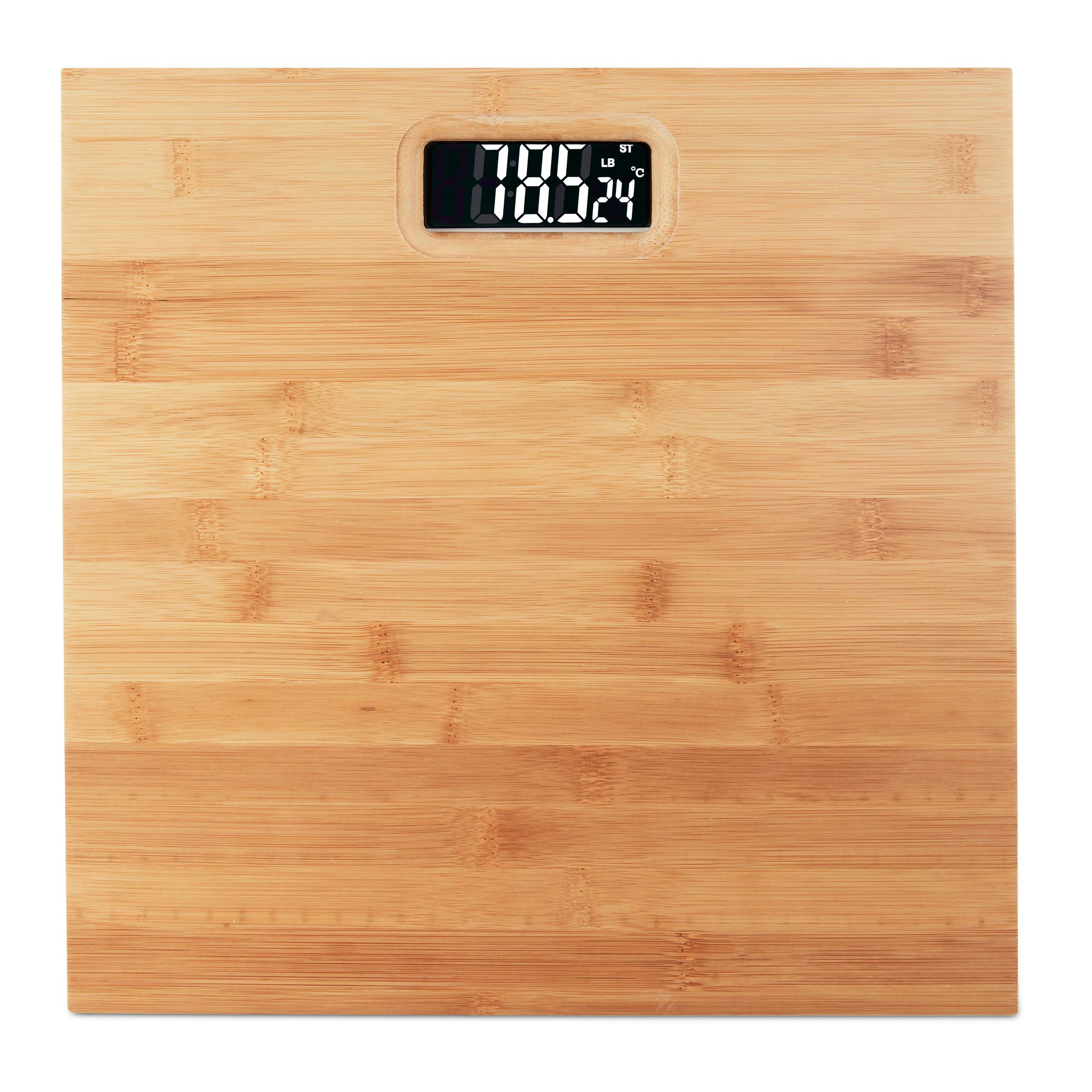 Relaxdays Digital Bathroom Scale, Capacity 180 kg, Bamboo, Battery-Operated, Personal Scale, HxWxD: 3 x 30 x 30 cm, Brown