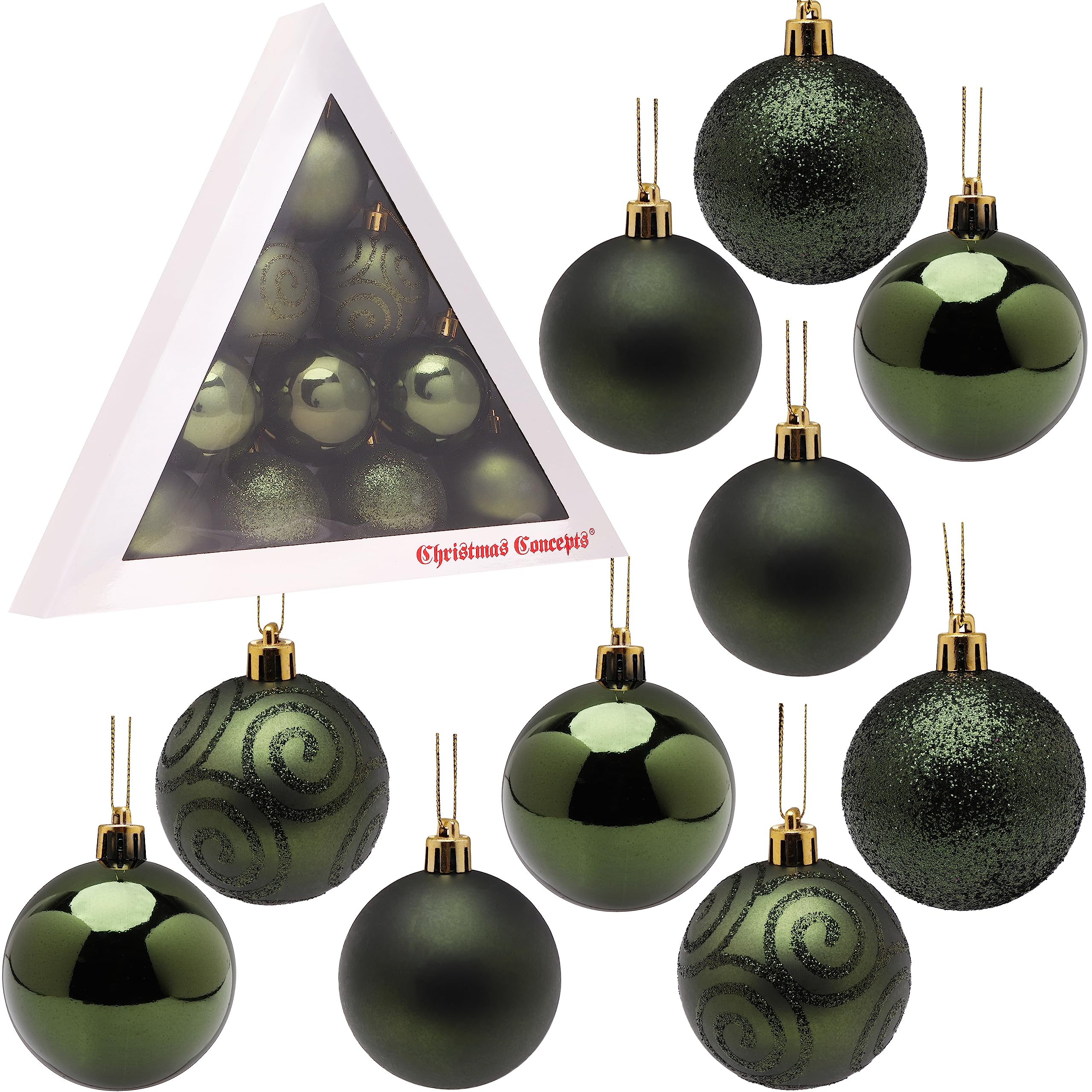 Christmas Concepts® Pack of 10-60mm (2.4") Christmas Tree Baubles - Shiny, Matte & Glitter Decorated Baubles (Forrest Green)