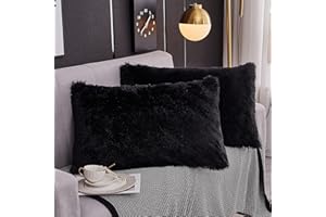 WERDIM Shaggy Fluffy Faux Fur Pillowcases 2 Pack Button Closure Velvet Pillow Shams King Size (Black, 20 X 36 Inches)