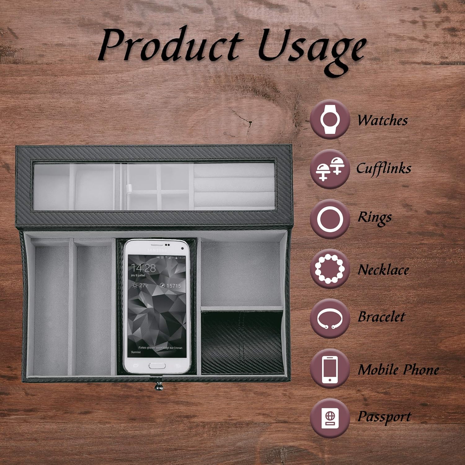 Valet Tray for Men| Sleek Dresser-Organizer Box for Storage & Display| Perfect for Phone, Watches, Sunglasses, Jewelry, Wallet, Rings, Necklace & More| Carbon Fiber & Faux Leather: Home Improvement