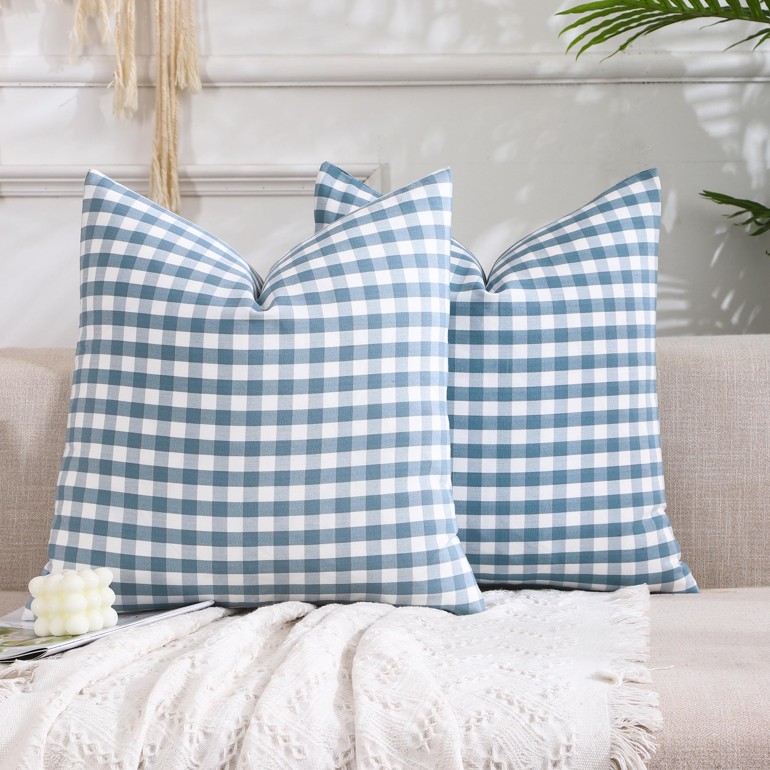 Photo 1 of CARRIE HOME Light Blue Farmhouse Buffalo Plaid Pillow Covers 18x18 Set of 2 Patio Outdoor Decor Neutral Checkered Pillow Covers 18 x 18, Blue and White Gingham