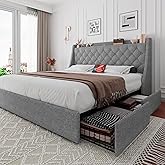 iPormis Full Size Bed Frame with 4 Storage Drawers, Upholstered Platform Bed Frame with Type-C & USB Ports, Wingback Storage Headboard, Solid Wood Slats, No Box Spring Needed, Light Gray