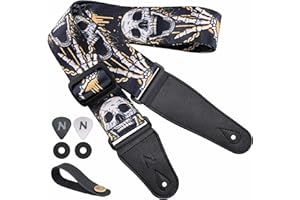 Nefelibata Guitar Strap-2" Wide Double Layer Cotton Original Design Adjustable Guitar Straps with Long Leather Ends for Bass, Electric & Acoustic, Best Gifts for Kids,Guitarists(Rock Skull)