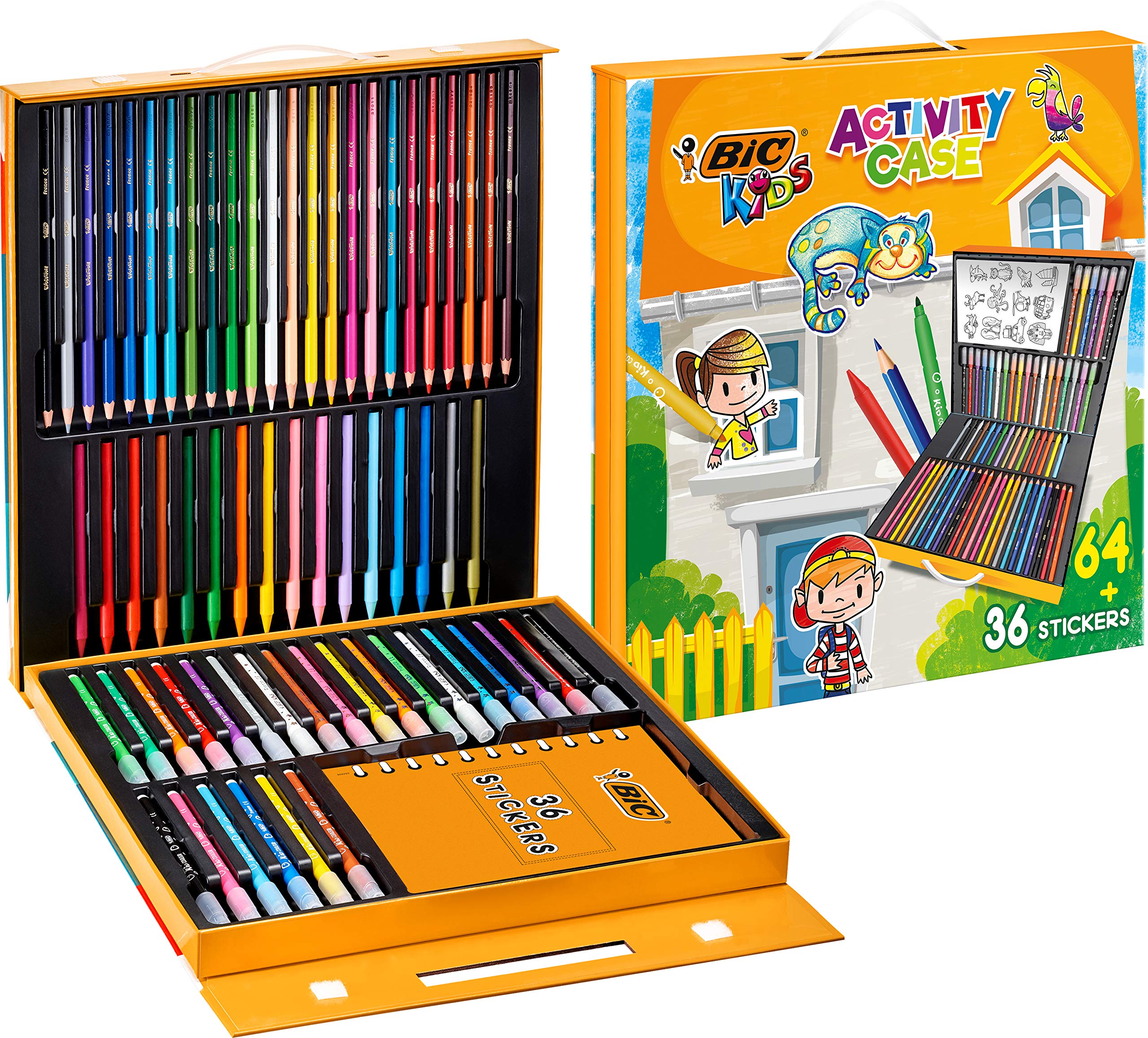 BIC Kids Stationery Activity Set and Carry Case, 64 Colouring Items (Colouring Pencils, Felt Pens and Crayons)