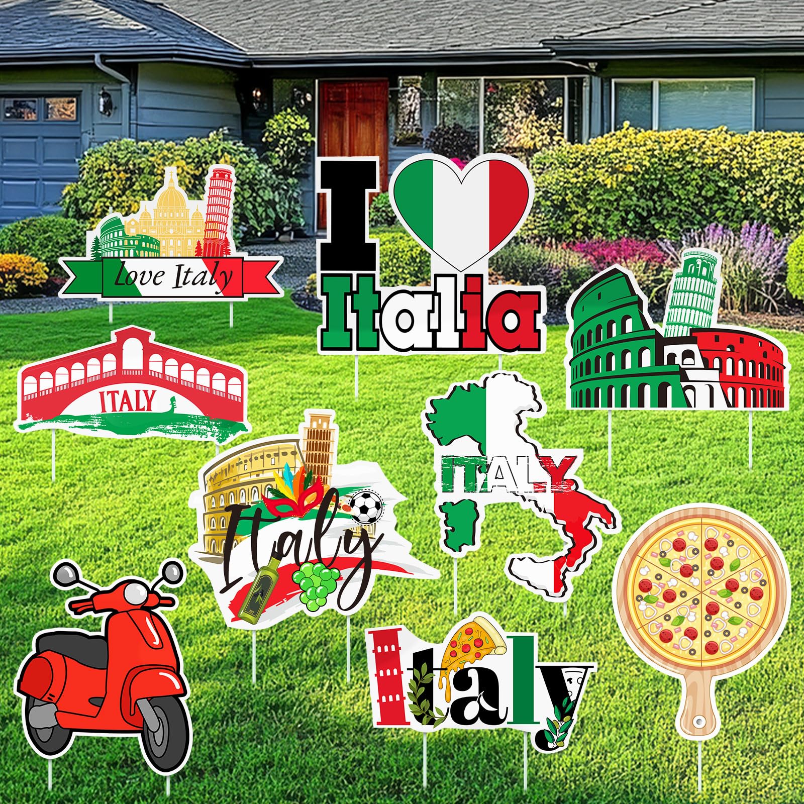 Photo 1 of Yalikop 9 Pcs Italian Party Decorations Italian Outdoor Yard Decoration Garden Lawn Stake Signs with Stakes Waterproof Corrugated Outdoor Decoration for Patio Lawn Walkway Party