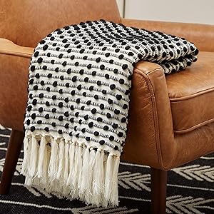 Rivet Bubble Textured Lightweight Decorative Fringe Throw Blanket, 48" x 60", Black and Cream