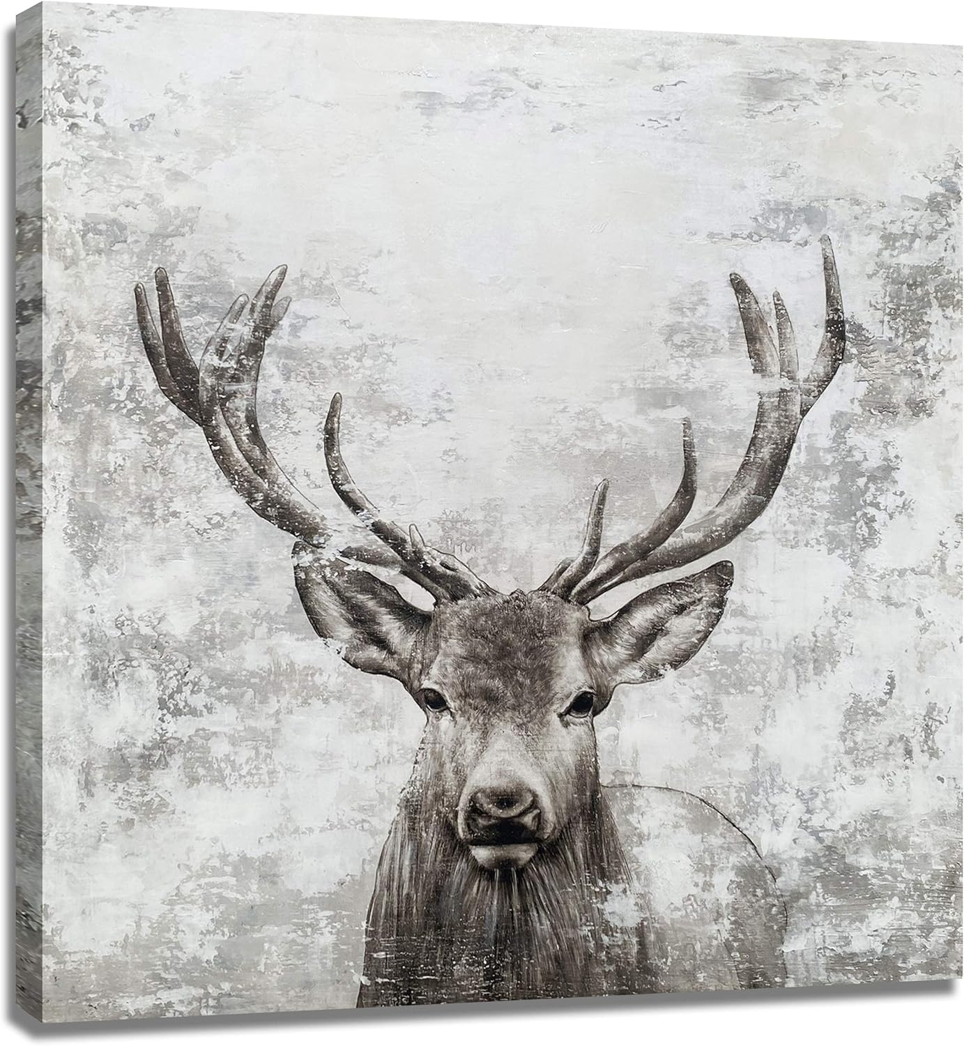 Paintings - BATRENDY ARTS Red Deer Canvas Wall Art Rustic Elk with Big Antlers Hand Painted Animal Head Picture Grey and White Hunting Artwork Painting for Living Room Home Office Decorations