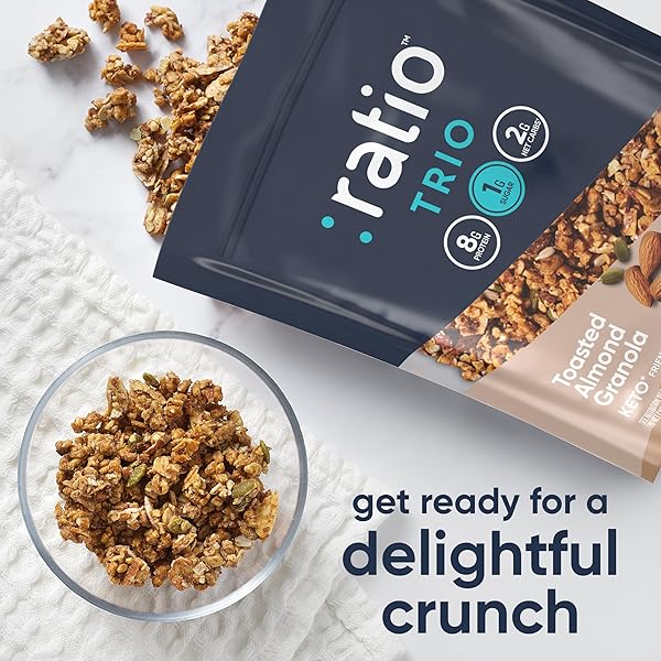 RATIO TRIO TOASTED ALMOND GRANOLA CEREAL, 1G SUGAR, KETO FRIENDLY, 8 OZ RESEALABLE BAG