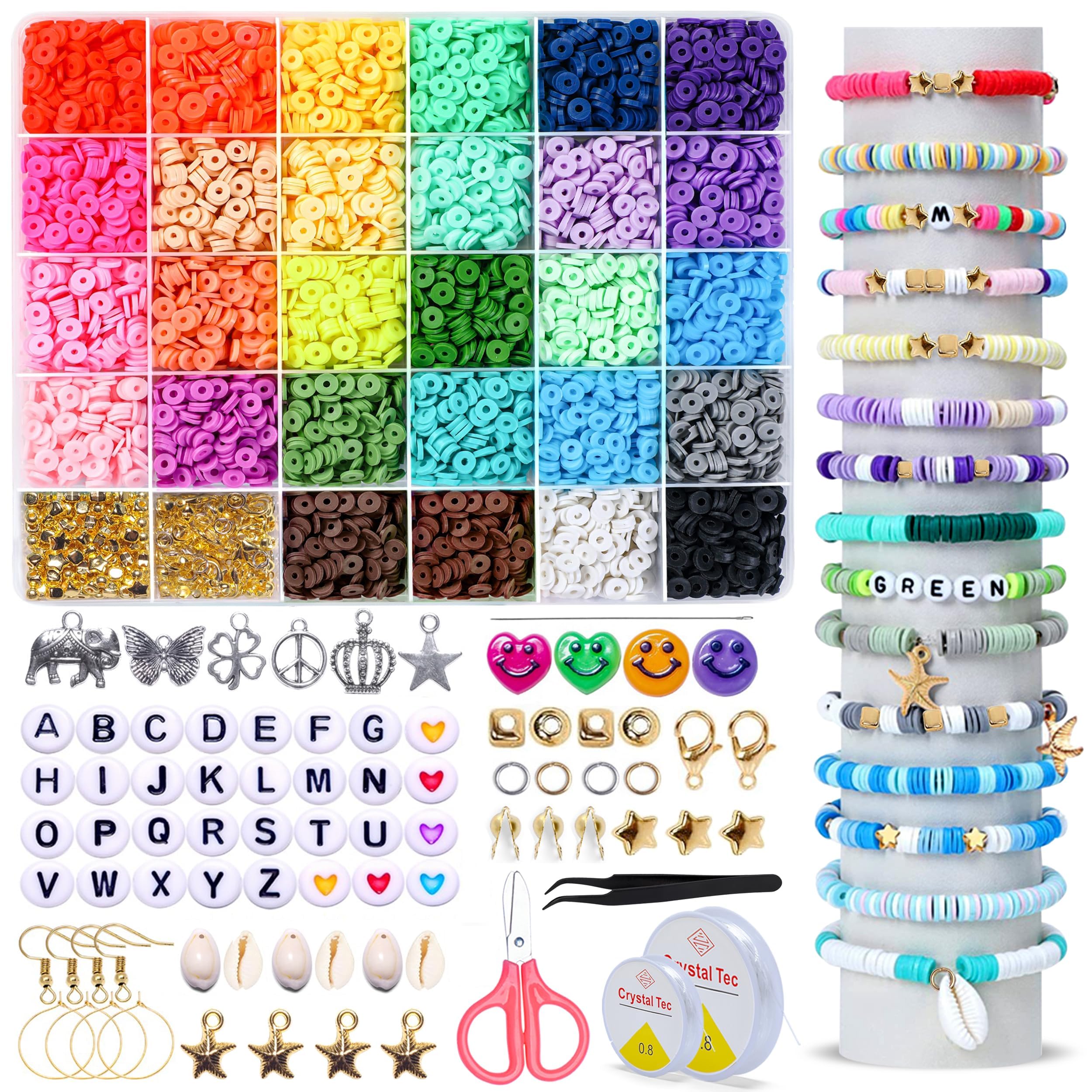 ProPinz 7000pcs Clay Beads Bracelet Making kit, 28 Colors Round Polymer Heishi Clay Bead Set with Charms and Essential Accessories, for Bracelet Necklace Earring DIY with Letter Beads for Kids