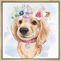 SIGNWIN Framed Canvas Wall Art Nursery Golden Retriever Dog with Pink, Blue Flowers Animals Wildlife Watercolor Impressionism Modern Portrait Fun for Living Room, Bedroom, Office - 16