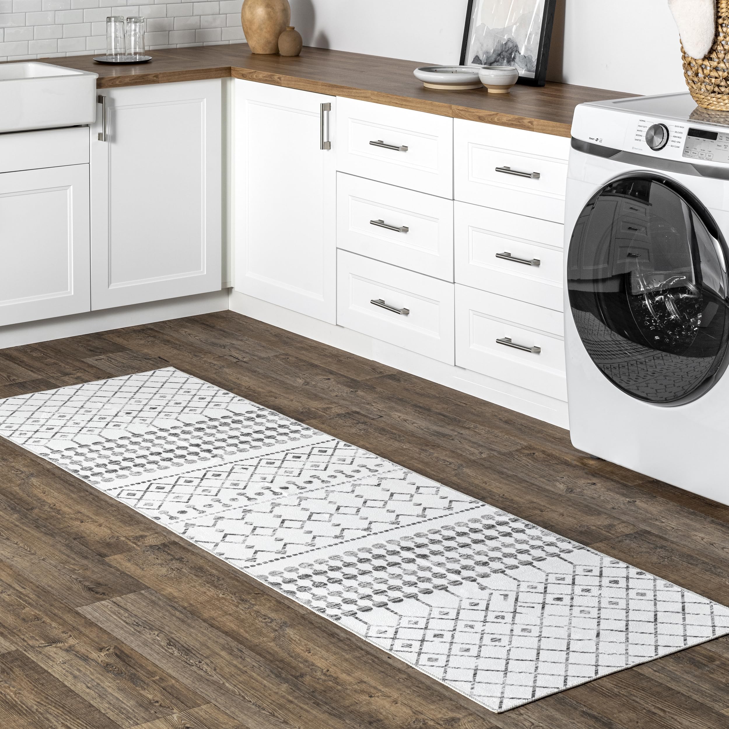 nuLOOM 2' x 8' SpinClean Machine Washable Stain-Resistant Area Rug with Non Slip Backing, Low Profile for Living Room, Bedroom, and Dining Room, Blythe Grey