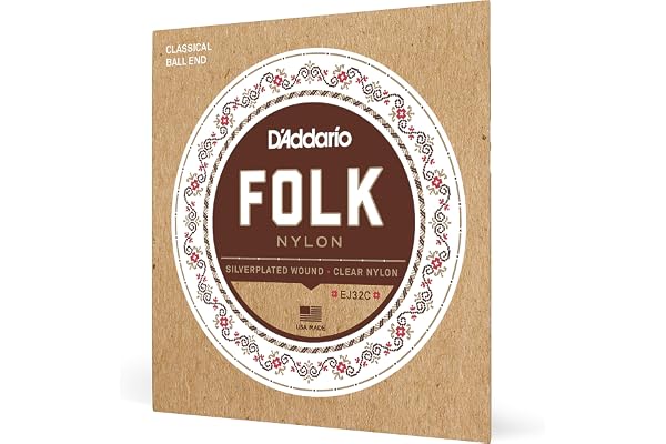D'Addario Folk Nylon Classical Acoustic Guitar Strings, Silverplated Wound, EJ32C, Ball End, Clear-Nylon, 6-String Set, Pack