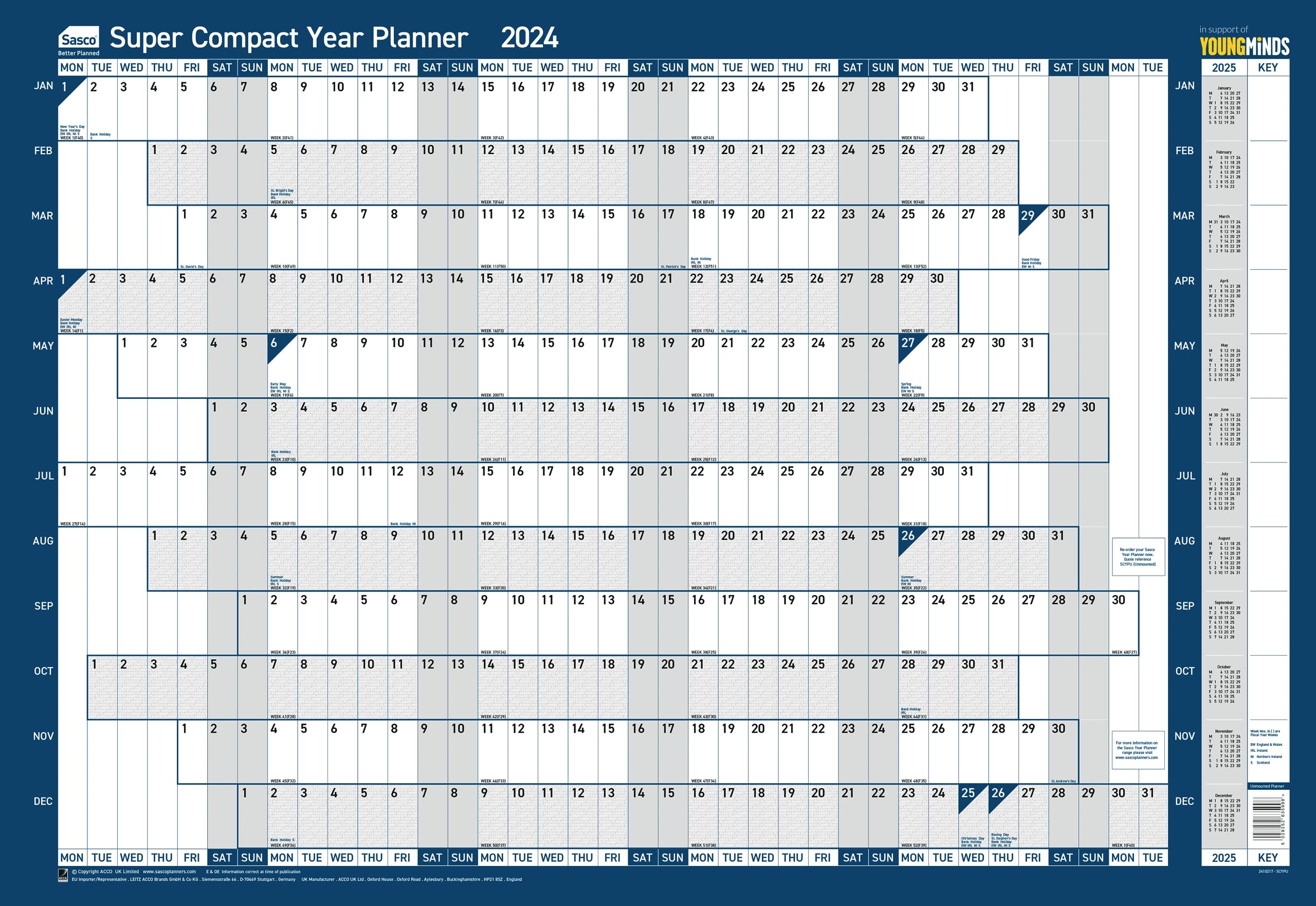 Sasco 2024 Super Compact Yearly Wall Planner, Paper Mini Whiteboard Poster Style Dry Erase Calendar, Small Wall Planner with Dry Erase Pen & Stickers, Wall Chart & Office Notice Board, Blue, 400x285mm