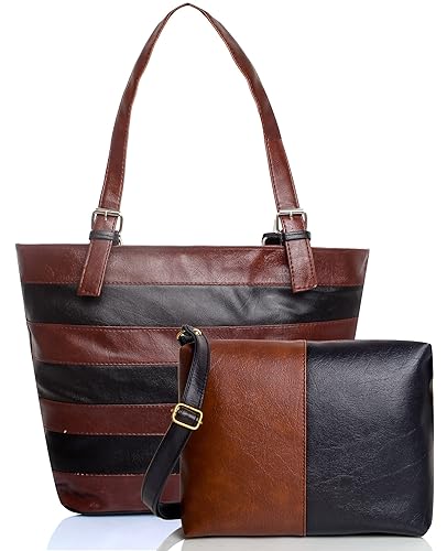 Mammon Womens PU Handbag and sling combo (HS-combo-7strip-tb, Multicolour)