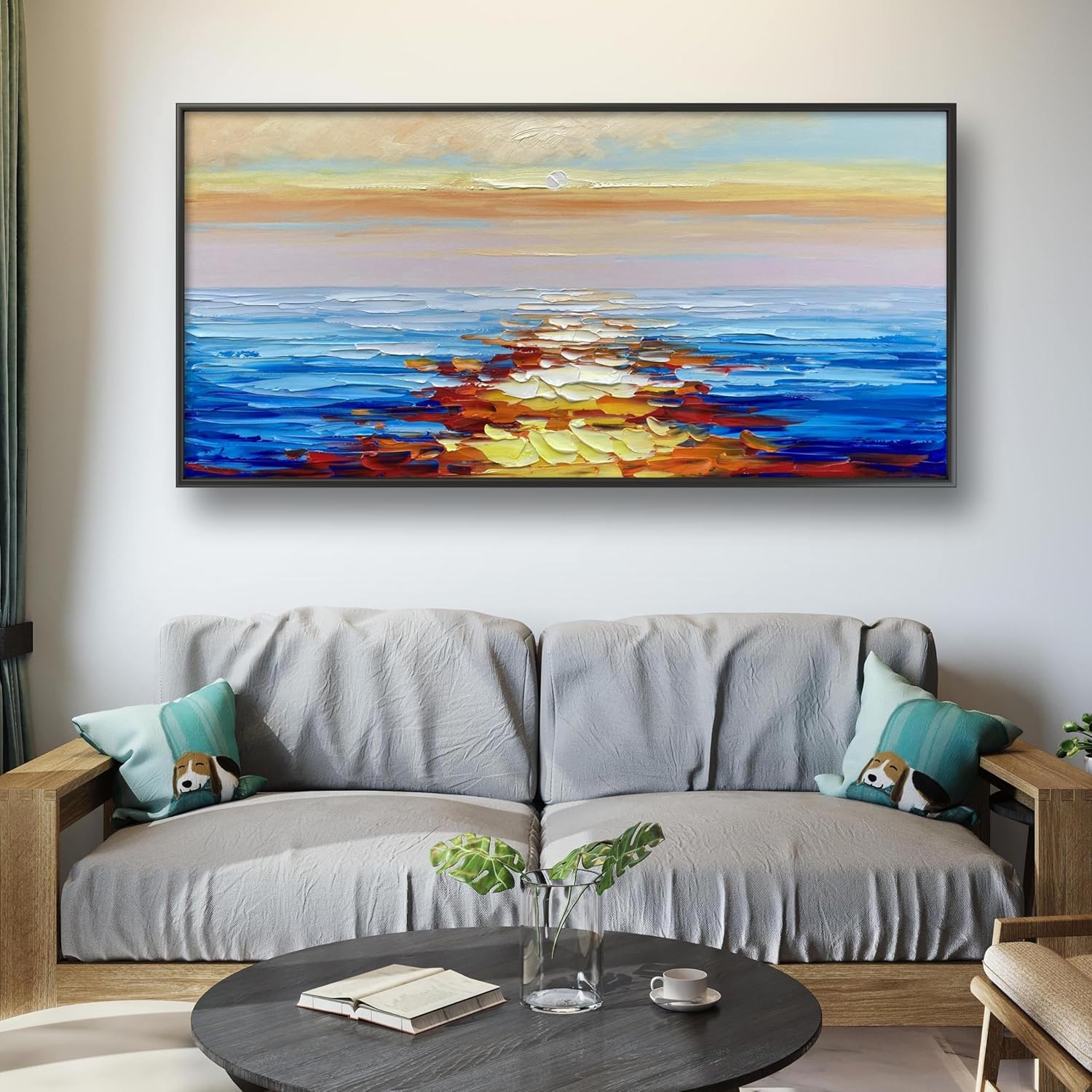 Paintings - JENLLY Modern Minimalist Living Room Wall Decor 100% Hand-painted Sunset Oil Painting with Frame Ready to Hang 30 * 60 Inch Canvas Wall Art for Living Room