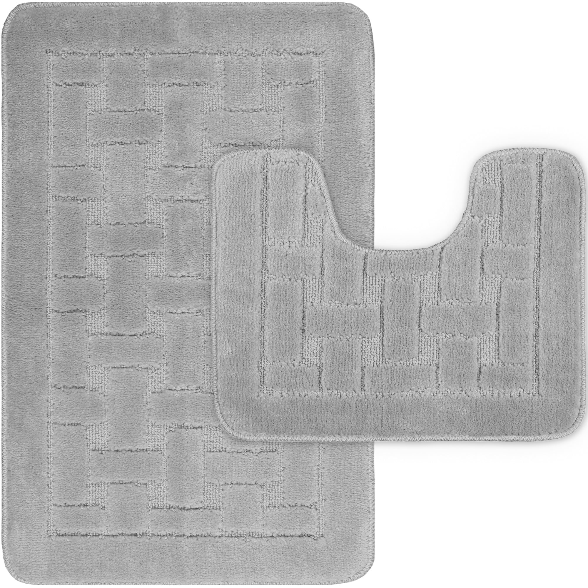 LS DECOR Luxury 2 Piece Block Bath Mat Set Non Slip Ultra Soft Bathroom Mats Water Absorbent Bath Mats Machine Washable Rug Toilet Mat for Bathroom Floor (GREY)
