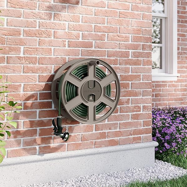SUNCAST 100 FT GARDEN HOSE HOLDER WALL MOUNT, TAUPE HEAVY-DUTY WALL MOUNTED WATER HOSE REEL FOR OUTSIDE USE, MANUALLY RETRACTABLE SIDEWINDER, OPEN SPACE-SAVING STORAGE, MADE IN THE USA