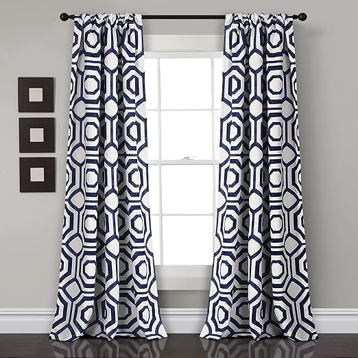 Amazon Com Lush Decor Decor Octagon Blocks Room Darkening Window Curtain Panel Pair 0 Navy Home Kitchen
