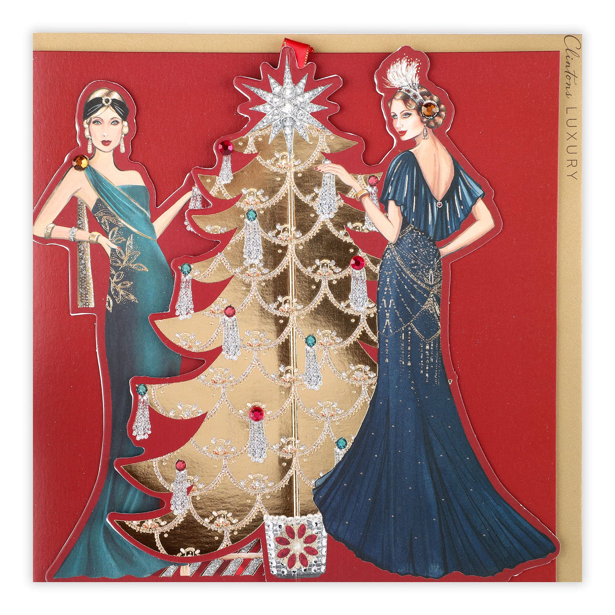 Clintons: Roaring 20'S Two Girls by Gold Christmas Tree General Christmas Card, Red, 192 x 192 (1181075)