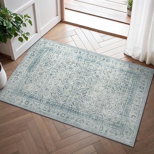 BEIMO 60X90CM Area Rugs for Bedroom,Vintage Boho Carpets for Living Room Non Slip Machine Washable Rug Short Low Pile Rug for Kitchen Dining, Hallway, Office-LightBlue