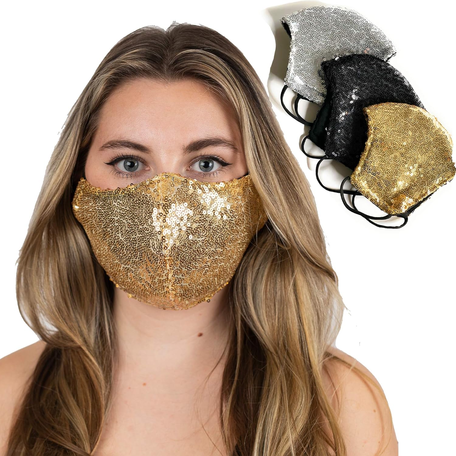 3 Pack Sequin Bling Face Masks, Glitter Black, Gold & Silver, Thick 3