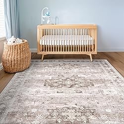 Washable Neutral Farmhouse Bedroom Rug, 3x5 Area