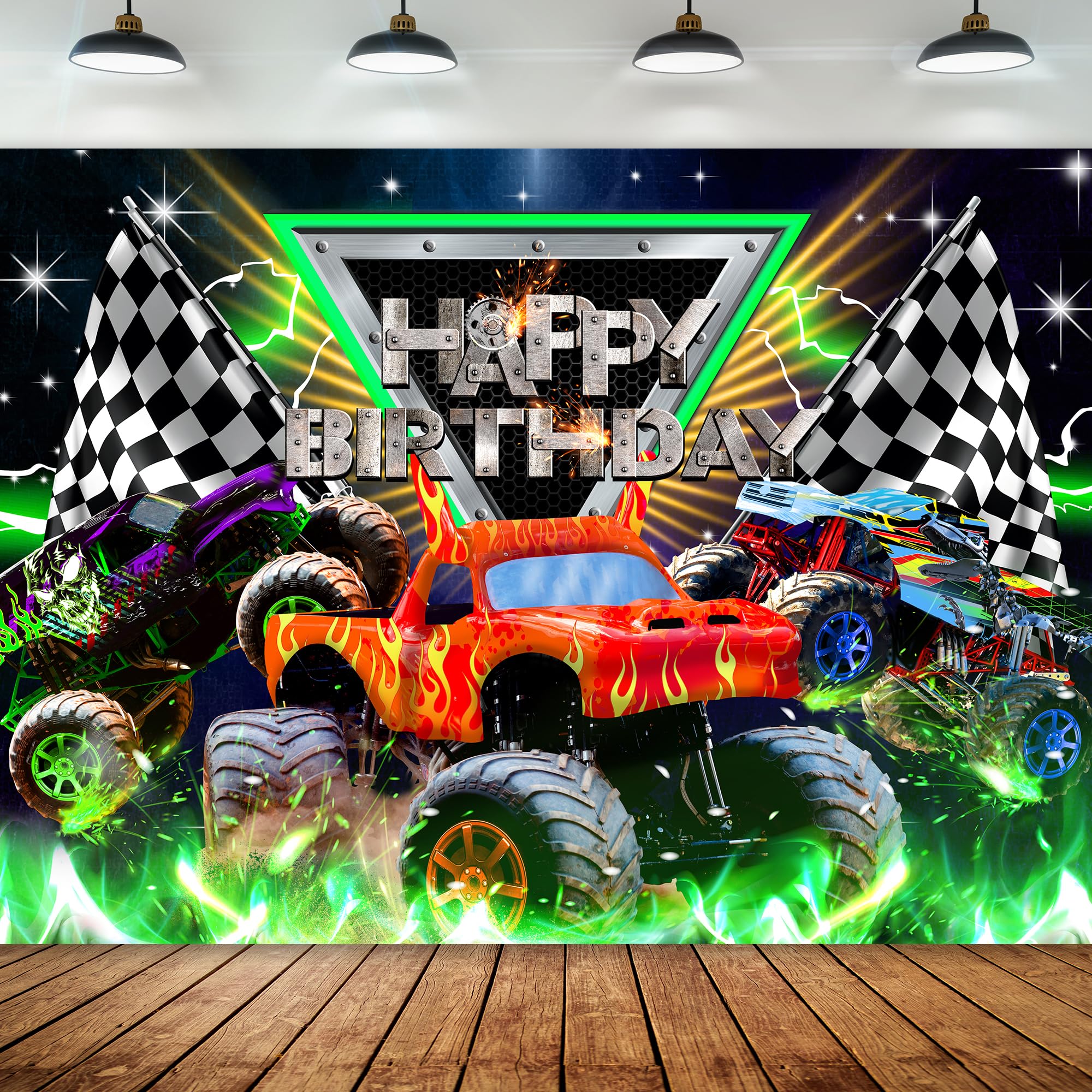 Photo 1 of Newsely Truck Themed Backdrop 7Wx5H Photography Monster Happy Birthday Party Supplies Jam Burning Flame Car Grave Digger Boys Kids Background Cool Unique Party Decorations Banner Photo Booth Props