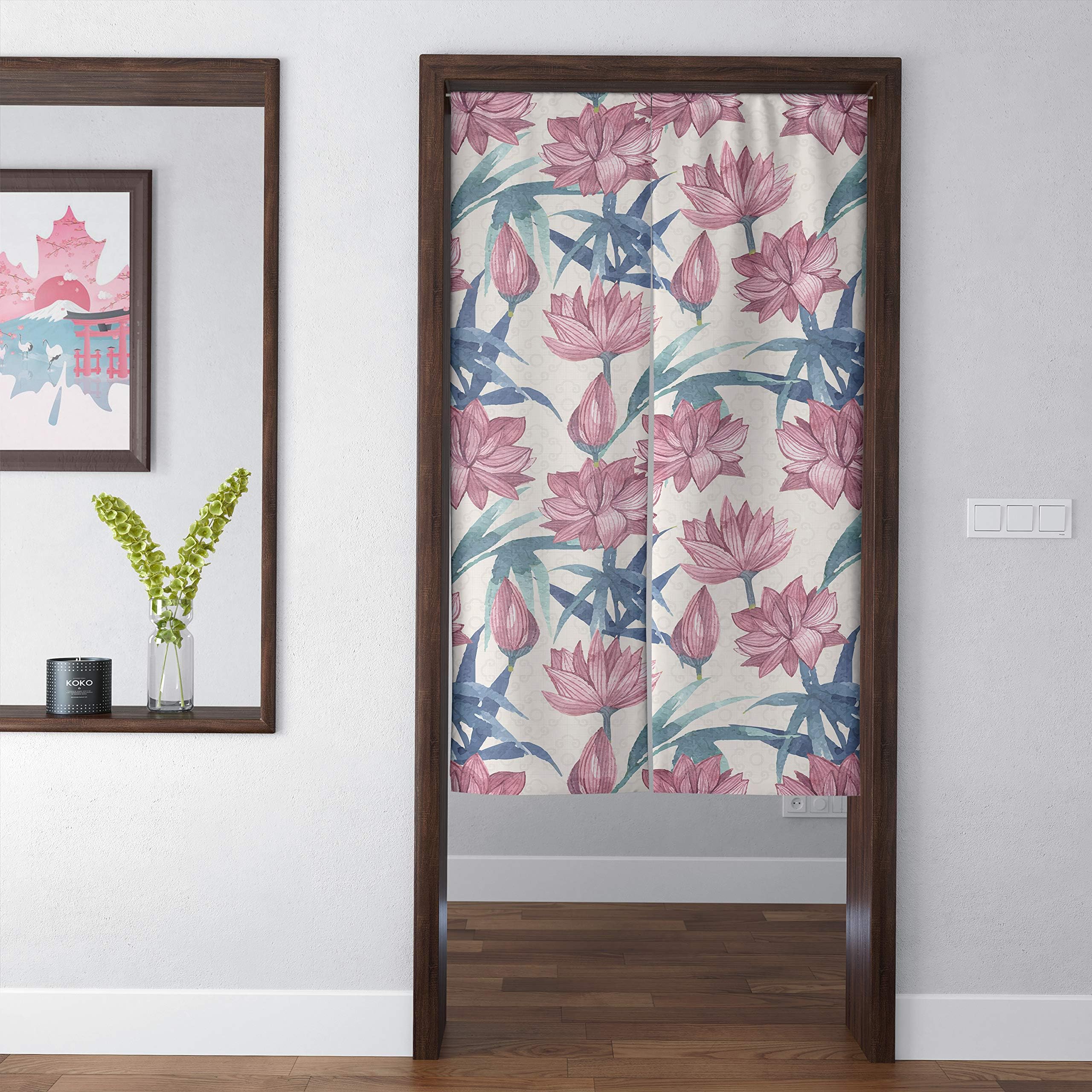 Spanker Janpanese Artistic Red Flower Fengshui Noren Doorway Curtain for Home Kitchen Door Decor Natural Cotton Linen 34x59 inches