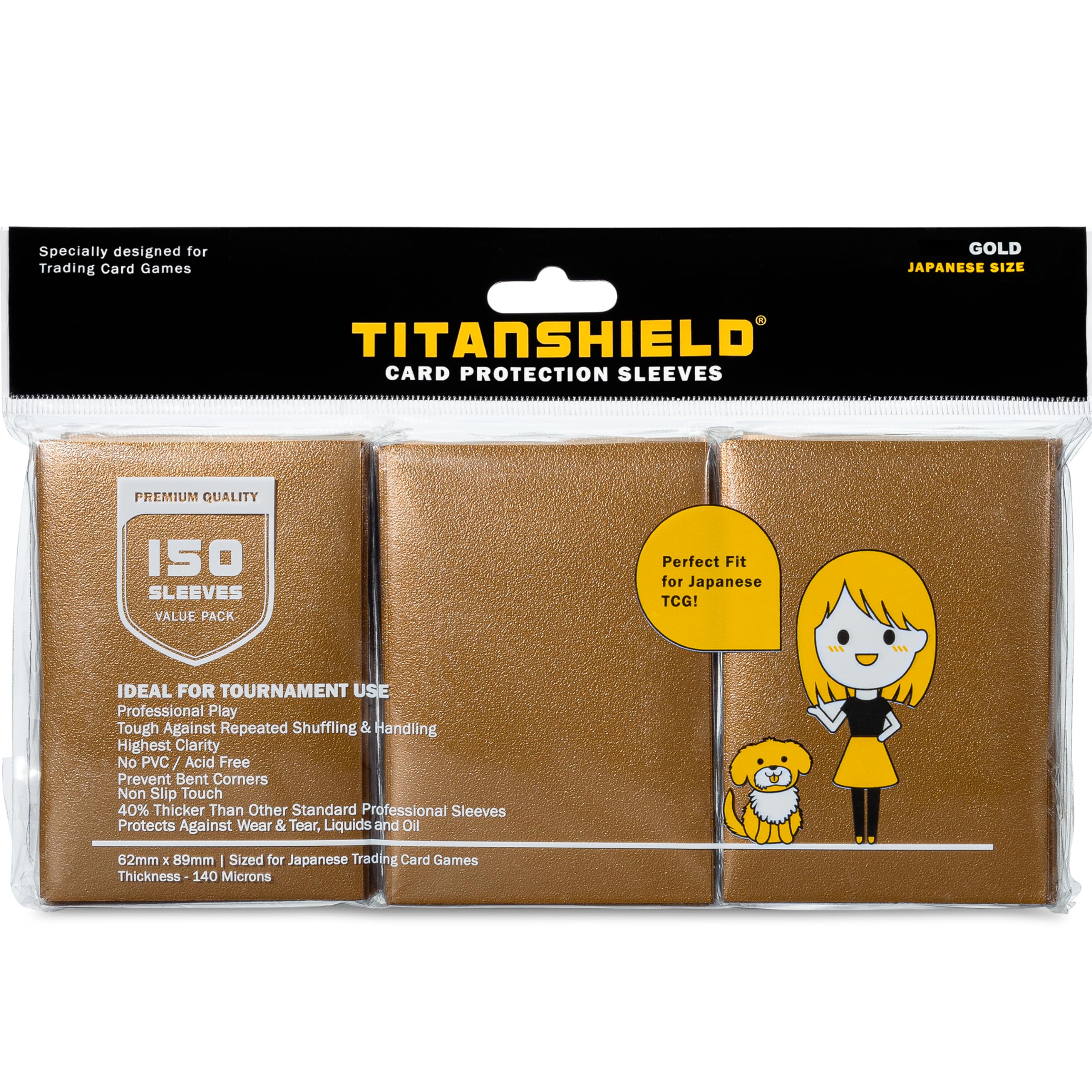 TitanShield 150 Gold Small Japanese Sized Trading Card Sleeves Deck Protector for Yu-Gi-Oh, Cardfight!! Vanguard & More โ image 1