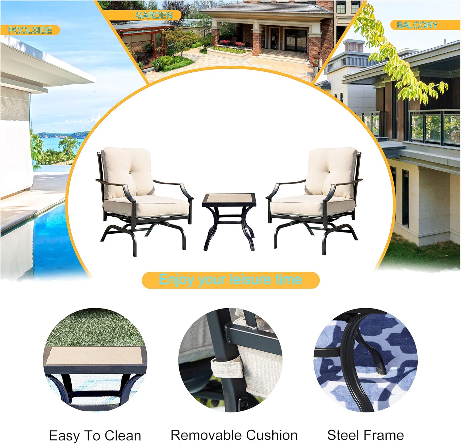 LOKATSE HOME 3 Pcs Patio Bistro Set Outdoor Conversation Furniture Metal Frame Armchair with Cushion & Square Coffee Table, Beige : Garden & Outdoor
