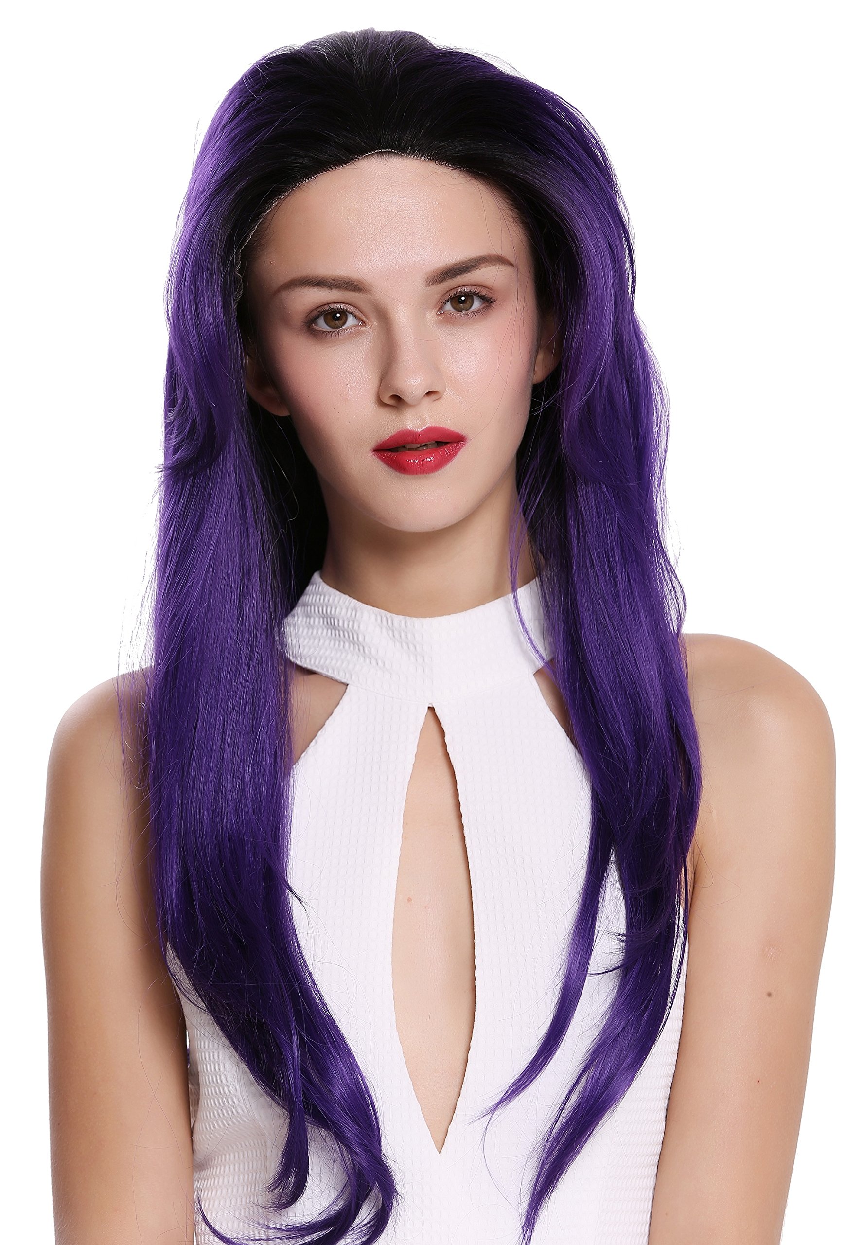 WIG ME UP - 81382+10P-MF-44 Quality women's wig lace front monofilament very long sleek lady ombre black purple 29,5 inches