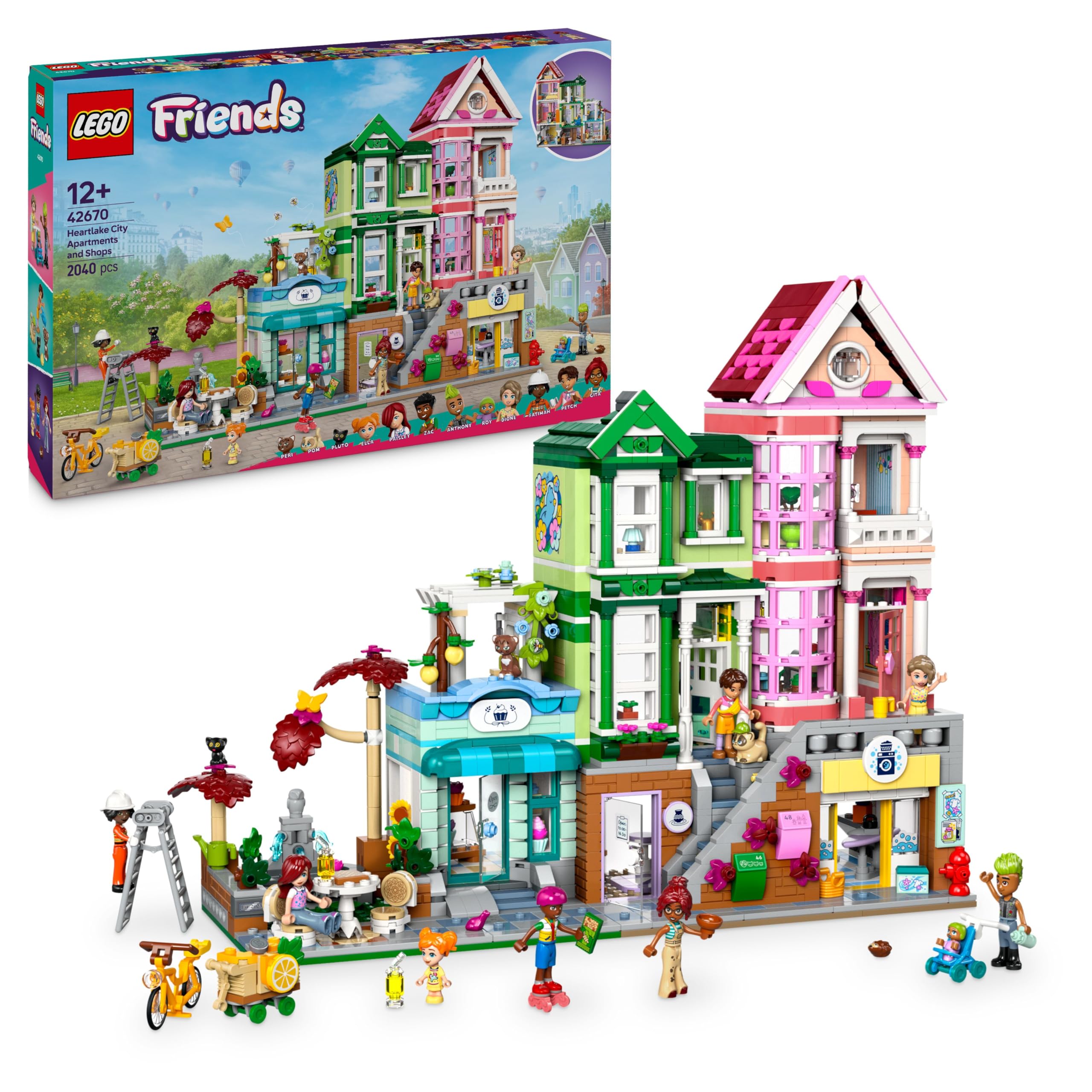 LEGO Friends Appartamenti e Negozi di Heartlake City, Gioco di Ruolo Creativo per Bambine da 12 Anni con 3 Case Giocattolo, Laboratorio di Ceramica, 9 Personaggi e Animali, Regalo di Compleanno 42670