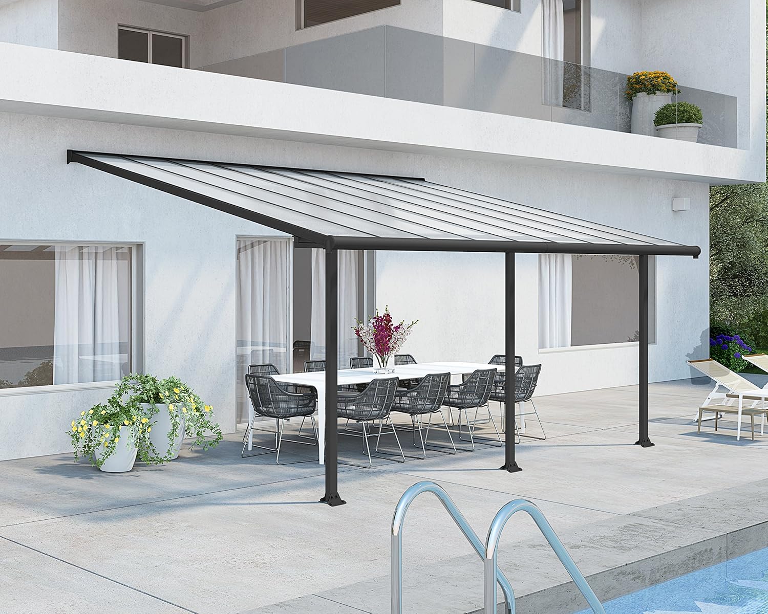 Palram Olympia Terrassenüberdachung 3X5 - Gestell aus Alumiuium & 16 mm Polycarbonat - Terrassendach Für den Ganzjährigen Gebrauch Geeignet, Grau, 546 x 295 x 305 cm, 546x295x305 cm