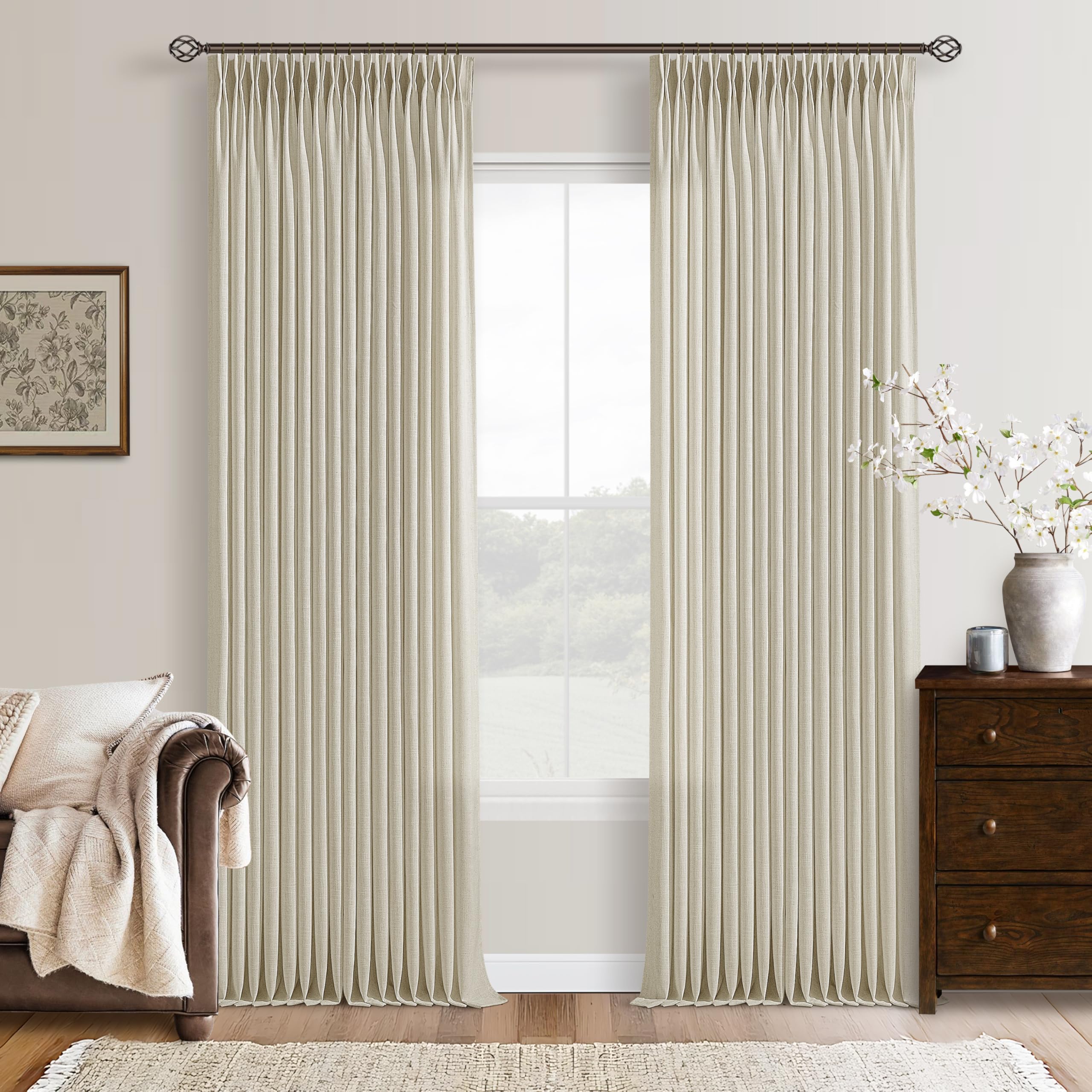 Photo 1 of 108 Inch Linen Pleated Curtains 2 Panels Set for Living Room Bedroom Farmhouse Rustic Farmhouse Back Tab Memory Trained Pinch Pleat Extra Window Curtain Tan Sand Beige 108 Inch Length for Office 9FT
