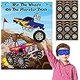 ANGOLIO Monster Truck Pin the Tail Games Party Supplies Pin the Wheels on the Monster Truck Poster Birthday Collection Favor Baby Shower Background Game Accessories for Kids ( Includes 2 Blindfolds )